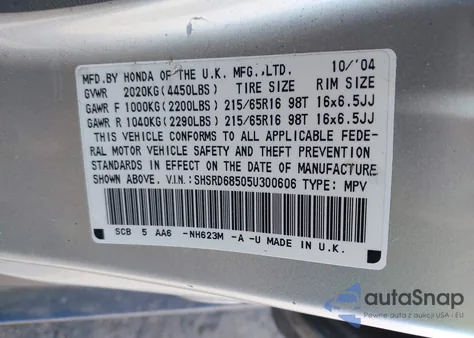 2005 Honda Cr-V Lx из США, поврежденный, VIN SHSRD68505U300606